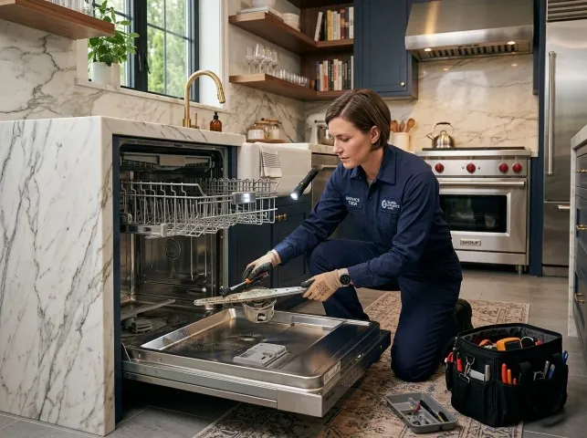 Appliance Repair Hero technician servicing a built-in dishwasher in a Antioch, TN kitchen