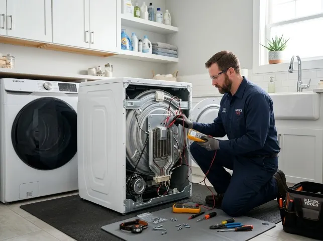 Appliance Repair Hero technician checking a dryer heating element with the rear panel off in Antioch, TN