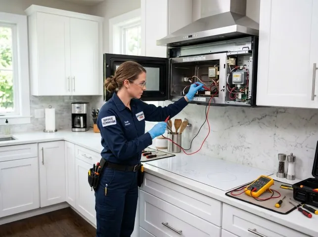Appliance Repair Hero technician testing an over-the-range microwave in a Antioch, TN kitchen