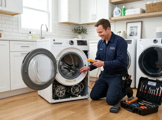 Appliance Repair Hero technician testing a front-load washer with a multimeter on a Antioch, TN service call